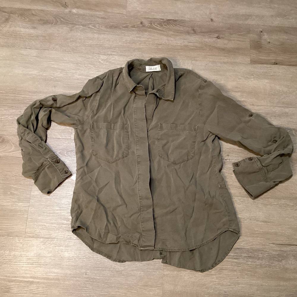 Bella Dahl Top Womens Sz S Olive Green Faded Button Up Roll Tab Long Sleeve